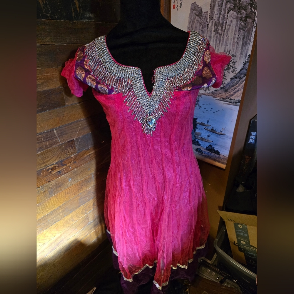 Scarlet Pink Indian Party Dress w/Rhinestones & Brocade Sleeves, Est. Size M/L